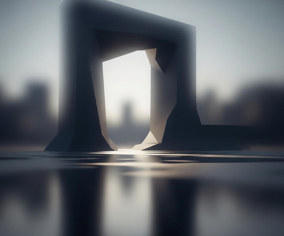 Duży, masywny, ciemny łuk stoi na pierwszym planie, z jego odbiciem widocznym na lustrzanej, płaskiej powierzchni poniżej. Przestrzeń pod łukiem jest jasna i błękitna, kontrastując z ciemnymi, kanciastymi formami obiektu. Horyzont w oddali jest zamglony i jasny, a na nim majaczą niewyraźne, ciemne kształty przypominające budynki. Całość utrzymana jest w chłodnych odcieniach szarości, błękitu i czerni, z centralnym, niemal białym punktem światła w tle.