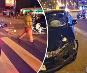 O krok od tragedii we Wrocławiu. Honda wjechała w maszynę do malowania pasów