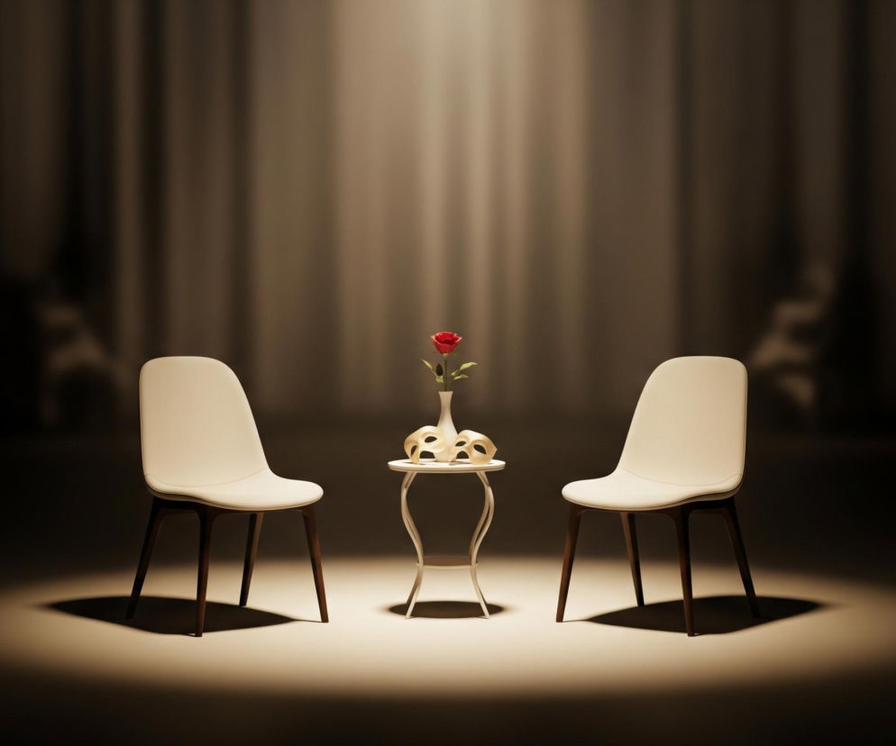 Centralnie umieszczony jest mały, biały, okrągły stolik z fantazyjnie wygiętymi nogami. Na stoliku stoi biały wazon z pojedynczą, czerwoną różą o zielonej łodydze i liściach, a obok niego leżą dwie białe, teatralne maski. Po obu stronach stolika znajdują się identyczne, kremowe krzesła z ciemnymi, drewnianymi nogami, skierowane do siebie. Cała scena jest oświetlona silnym, ciepłym, żółto-białym światłem z góry, tworzącym okrągłe plamy na podłodze i zacieniającym resztę pomieszczenia, w którym w tle widać ciemne, pionowe fałdy materiału przypominające kurtynę.