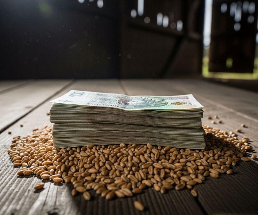 Stos banknotów 100-złotowych leży na ziarnach pszenicy, symbolizując zyski rolników ze sprzedaży plonów bez pośredników. Zdjęcie przedstawia ciemną, drewnianą powierzchnię, a w tle widać wnętrze stodoły. Więcej o tym przeczytasz na Super Biznes.