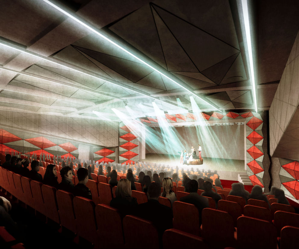 Wizualizacja wnętrza nowego Teatru Kwadrat w Warszawie. Autorem projektu architeknonicznego modenizacji jest pracownia ARE Sp. z o.o.