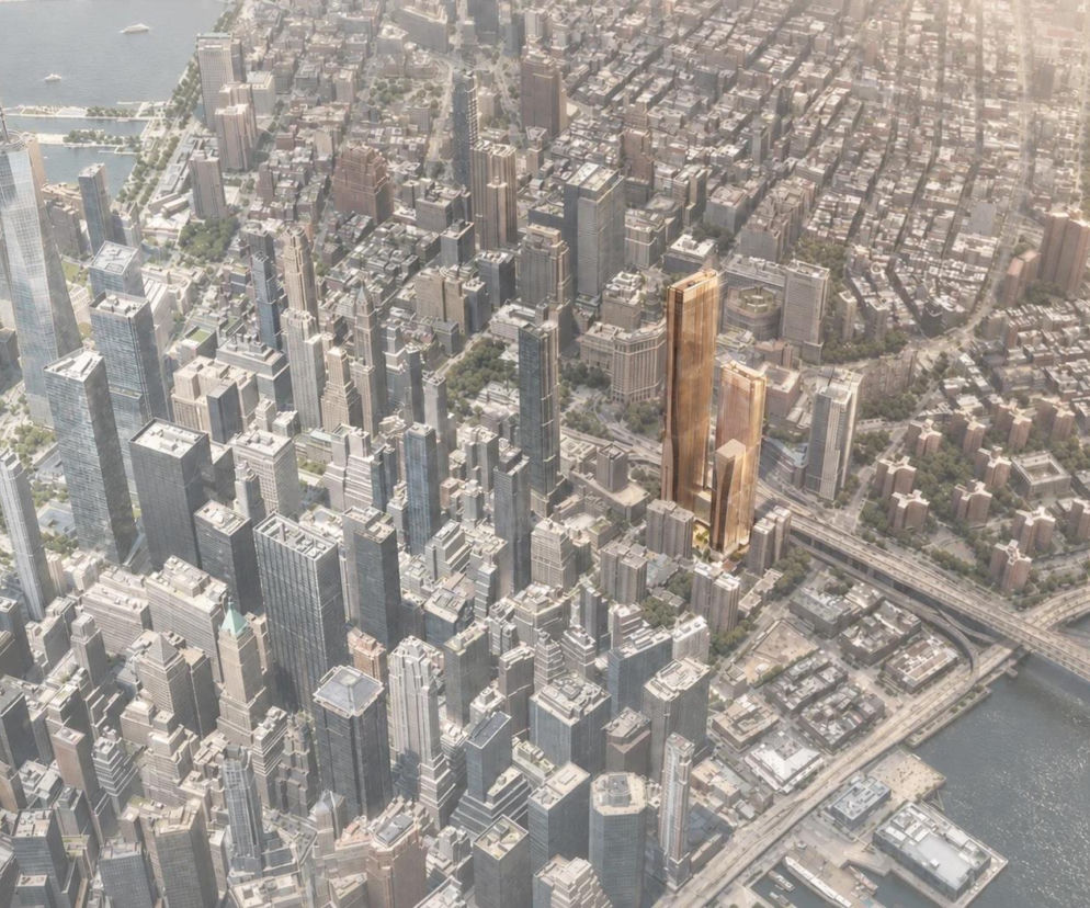 Widok z góry na Manhattan z nowymi wieżowcami przy 100 Gold Street. O inwestycji w Nowym Jorku przeczytasz na Architektura.