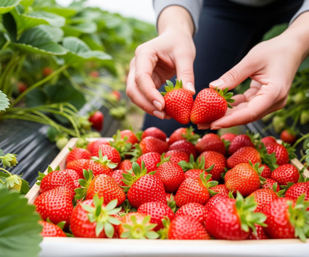 Dwie dłonie, z jasnym lakierem na paznokciach, trzymają dwie dojrzałe, czerwone truskawki z zielonymi szypułkami. Dłonie należą do osoby ubranej w szarą bluzę i granatowe spodnie, pochylającej się nad drewnianą skrzynką wypełnioną świeżo zebranymi, jaskrawoczerwonymi truskawkami. Wokół skrzynki i w tle rozciąga się plantacja truskawek z bujnymi zielonymi liśćmi, a pod nimi widać ciemną agrowłókninę oraz kilka niedojrzałych, jasnozielonych owoców.