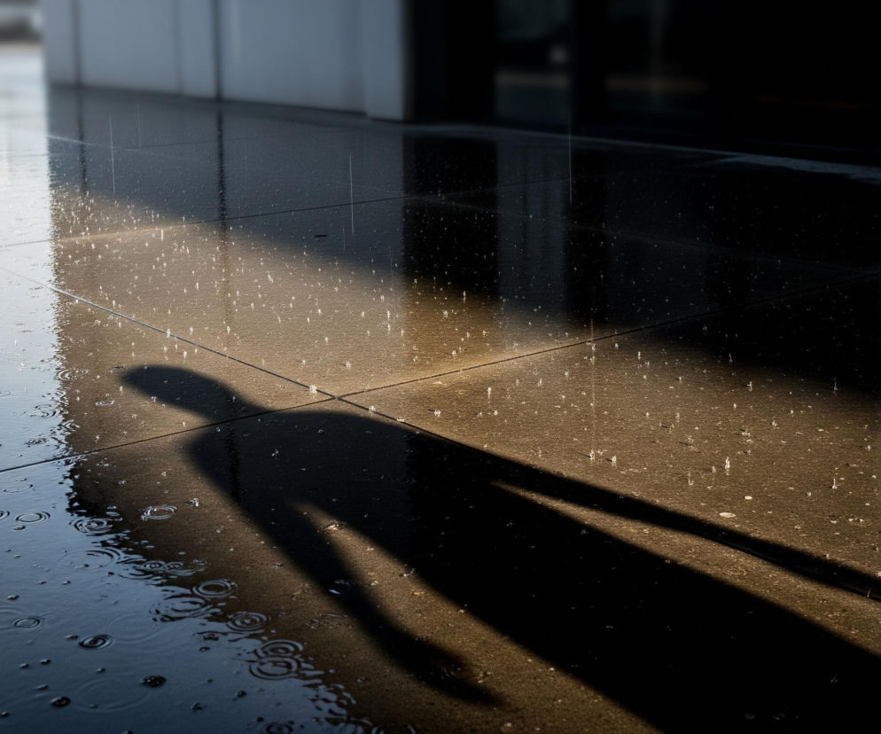 Chodnik wykonany z jasnych, kwadratowych płytek, częściowo pokryty kałużami i drobnymi kroplami deszczu. Duża, ciemna sylwetka osoby, przypominająca cień, rzuca się w poprzek chodnika, rozciągając się od lewej strony kadru w prawo, z głową skierowaną ku górze. Chodnik na pierwszym planie jest ciemniejszy, mokry i odbija światło, tworząc okręgi od spadających kropel deszczu. W tle widać niewyraźne, rozmyte kształty budynków lub innych konstrukcji, a cała scena skąpana jest w ciepłym, złocistym świetle, które intensywniej pada na prawą stronę obrazu, rozjaśniając kałuże i sprawiając, że kropelki deszczu błyszczą.