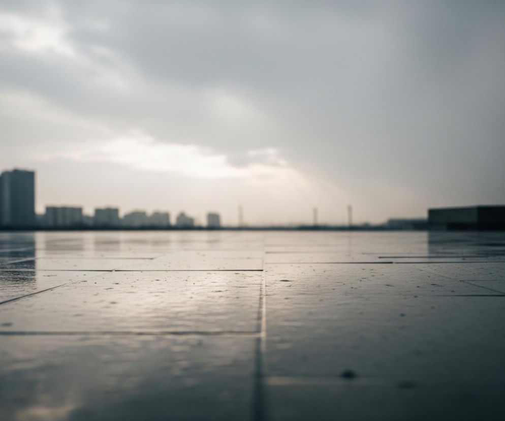 Na pierwszym planie znajdują się ciemne, prostokątne płyty chodnikowe, pokryte licznymi kroplami wody, co nadaje im błyszczącą teksturę i częściowo odbija światło. W oddali widoczna jest rozmazana panorama miejska z zarysem licznych wysokich budynków w odcieniach szarości i czerni, ich kształty lekko odbijają się na mokrej powierzchni. Horyzont dominuje pochmurne, jasnoszare niebo z jaśniejszym obszarem w centrum, sugerującym ukryte słońce lub przejaśnienie. Całość utrzymana jest w chłodnej palecie barw, dominują szarości i błękity, tworząc spokojny, nieco melancholijny nastrój.