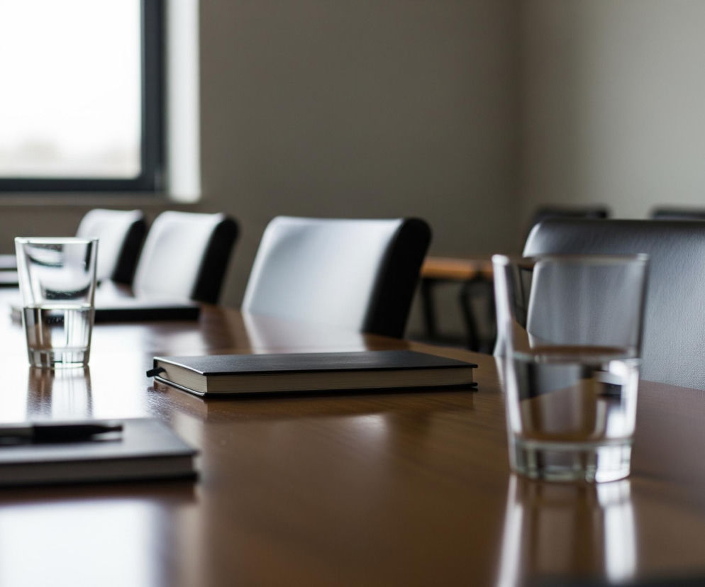 Na drewnianym stole konferencyjnym stoją szklanki z wodą, zeszyty i długopisy. W centralnej części kadru widoczna jest otwarta szklanka z czystą wodą oraz czarny zeszyt leżący na blacie. Tło stanowią rząd krzeseł z ciemnymi, skórzanymi oparciami, a za nimi jasna ściana z dużym oknem po lewej stronie i dwoma obrazami w ramkach po prawej. Całość utrzymana jest w stonowanych kolorach brązu, szarości i czerni, z jasnymi akcentami światła wpadającego przez okno.
