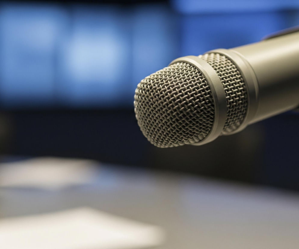 Srebrny mikrofon z metalową siatką na przedzie zajmuje prawą stronę kadru, skierowany lekko w lewo. Tło za mikrofonem jest rozmyte, zdominowane przez niebieskie światło w górnej części, przechodzące w ciemniejsze odcienie granatu i czerni na dole. Pod mikrofonem widoczny jest również rozmyty, jasnoszary blat stołu z kilkoma niewyraźnymi, białymi elementami przypominającymi kartki papieru.