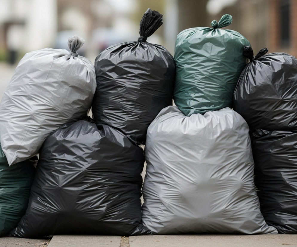 Stos ośmiu worków na śmieci o trzech różnych kolorach – czarnym, szarym i zielonym – ułożony jest na chodniku. Trzy worki są szare, trzy czarne, a dwa ciemnozielone, wszystkie szczelnie zawiązane u góry. Worki są ułożone w dwóch rzędach: cztery na dole i cztery na górze, tworząc piramidę, z workami szarymi i zielonymi na brzegach, a czarnymi w środku. Tło jest rozmyte, widoczne są fragmenty zieleni i jasnych budynków.