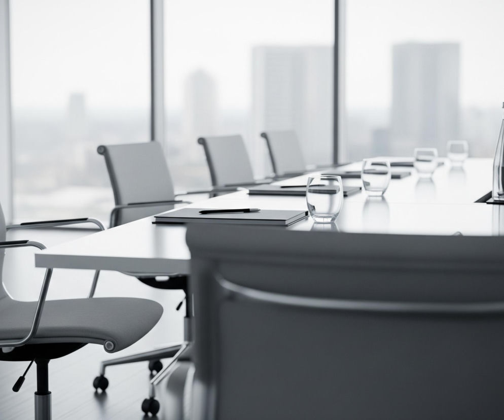 Nowoczesna sala konferencyjna, utrzymana w monochromatycznych odcieniach szarości, czerni i bieli, ukazuje długi, prostokątny stół z białym blatem, otoczony krzesłami w kolorze gołębiej szarości. Na stole, przed każdym miejscem, znajdują się przezroczyste szklanki, natomiast wzdłuż centralnej osi stołu ułożone są czarne notatniki z długopisami, oraz szereg butelek z wodą w szklanych opakowaniach. Tłem dla tego wnętrza jest duża, przeszklona ściana, za którą rozpościera się widok na mgliste, miejskie wieżowce, rozmyte w oddali, tworząc wrażenie głębi i nowoczesności.
