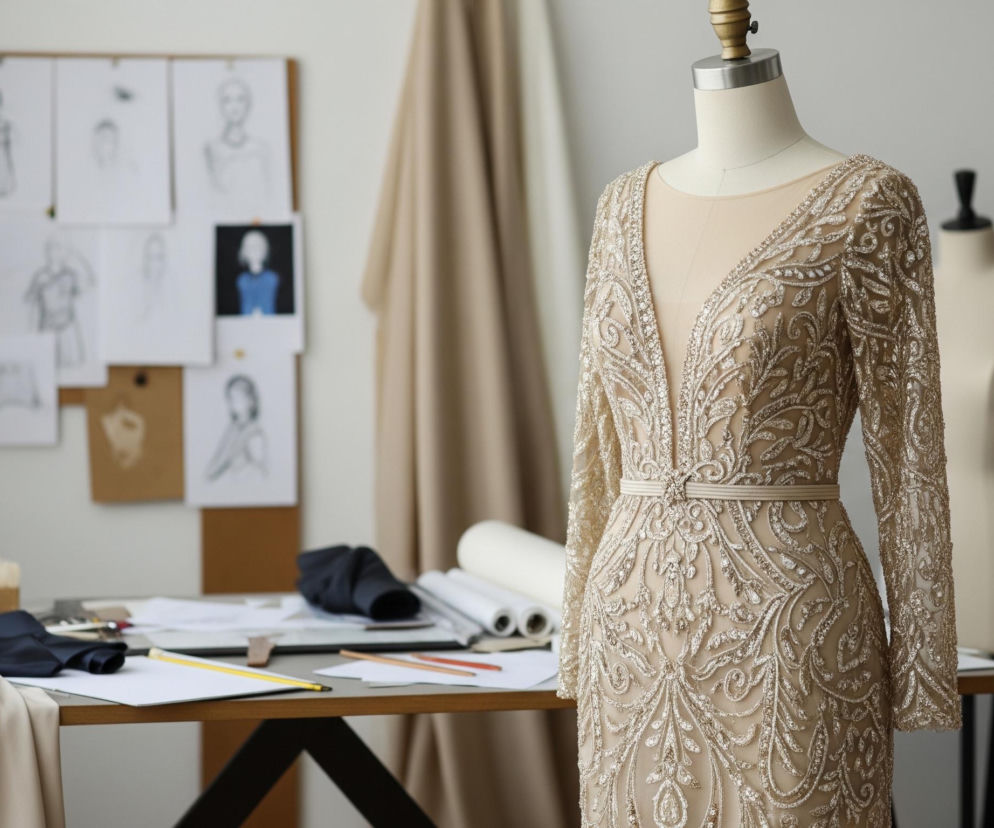 Na pierwszym planie, z prawej strony, stoi beżowy manekin z suknią wieczorową, pokrytą gęstym, srebrzystym haftem w barokowe wzory, z głębokim dekoltem i długimi rękawami, przewiązana w talii cienkim paskiem. Za nią widoczny jest kolejny, jaśniejszy manekin oraz metalowy wieszak z kilkoma ubraniami w kolorach beżowym, czarnym i niebieskim. Po lewej stronie, na beżowym biurku, leżą tkaniny w kolorze kremowym i ciemnoniebieskim, ołówki, nożyczki, oraz rozłożone papiery, a także stoi czarna lampka biurkowa. W tle, na ścianie nad biurkiem, wisi tablica korkowa z przypiętymi szkicami postaci i ubrań, a obok, na wieszaku, znajduje się duży kawałek beżowej tkaniny.