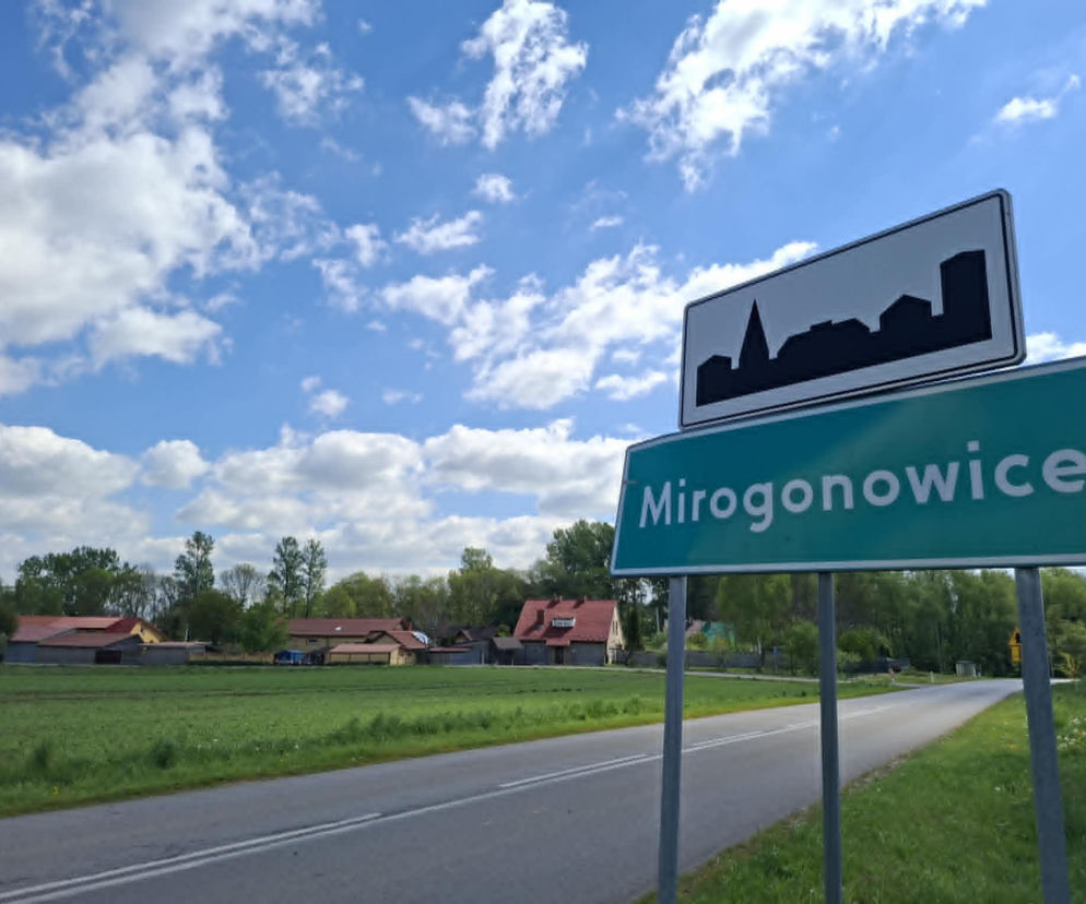 Tablica z nazwą miejscowości Mirogonowice przy drodze. O urokach tej wsi przeczytasz na Eska Starachowice.