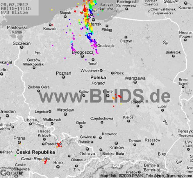 Burze w Polsce, 29.07.2012 - MAPA z godz. 9.15 - 11.15