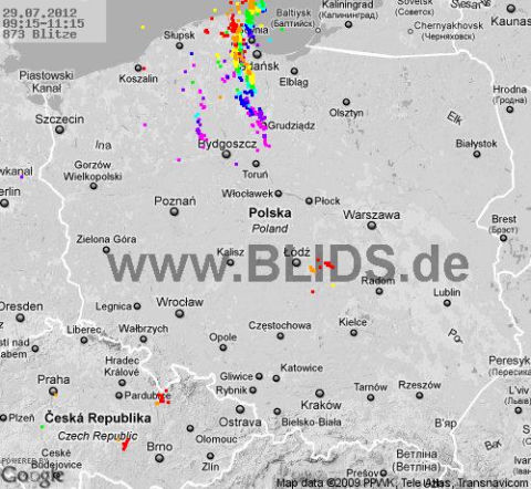 Burze w Polsce, 29.07.2012 - MAPA z godz. 9.15 - 11.15