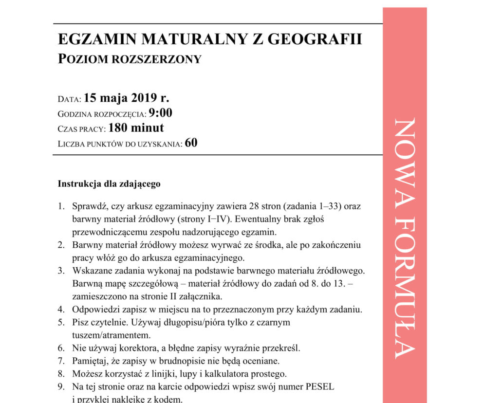 ARKUSZE CKE - Matura geografia - poziom podstawowy i rozszerzony 2019