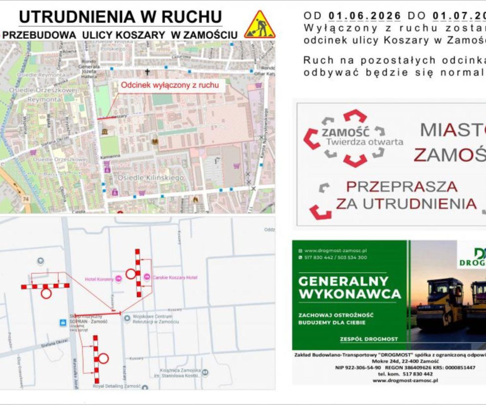 Będą utrudnienia na ulicy Koszary w Zamościu. Planowane jest wyłączenie jednego odcinka z ruchu