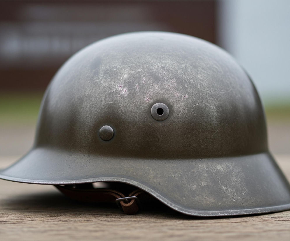 Zielonkawoszary hełm z charakterystycznym, szerokim kołnierzem leży na drewnianym blacie, lekko obrócony w lewo. Na jego powierzchni widoczne są liczne przetarcia i jasne ślady rdzy, nadające mu postarzany wygląd. Od spodu wystaje brązowy skórzany pasek z metalową sprzączką. Tło jest rozmyte, ukazując jaśniejsze odcienie szarości i brązu, sugerujące plener.