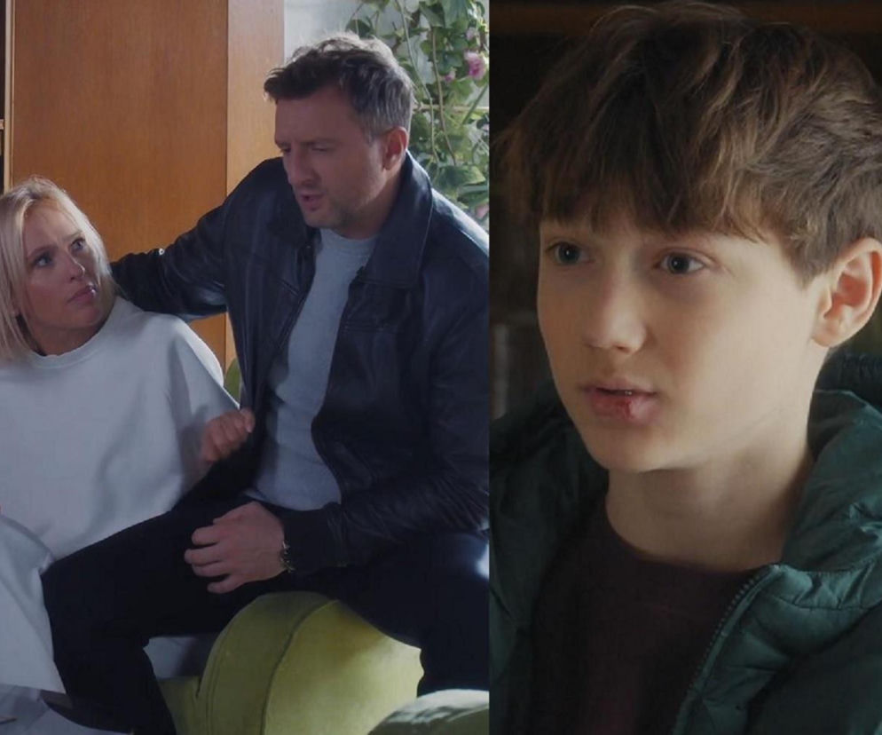 Dorota (Iwona Rejzner) i Bartek (Arkadiusz Smoleński) wspierający się w trudnych chwilach oraz Franek (Jarosław Śmigielski) z raną na ustach. Scena z M jak miłość zapowiada horror w Grabinie i list od ojczyma. Więcej o serialach na Super Seriale.
