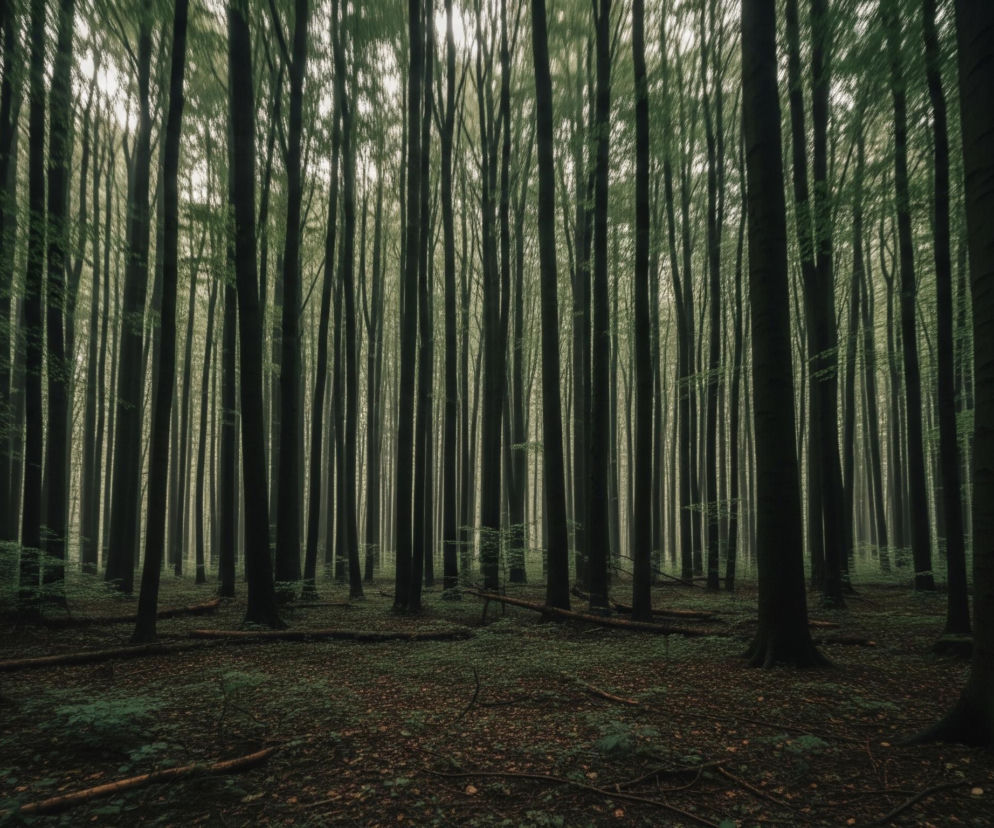 Gęsty las z wysokimi, smukłymi drzewami o ciemnych pniach wypełnia cały kadr. Górne partie drzew, w tym liście, są rozmyte, co tworzy wrażenie ruchu lub mglistej atmosfery, z jaśniejszym, niemal białym światłem prześwitującym przez korony. Dno lasu pokrywają ciemnozielone liście i gałązki, przemieszane z brązowymi, opadłymi liśćmi i kilkoma powalonymi konarami. Całość utrzymana jest w chłodnych odcieniach zieleni, brązu i szarości, nadając scenie ponury, lecz spokojny charakter.