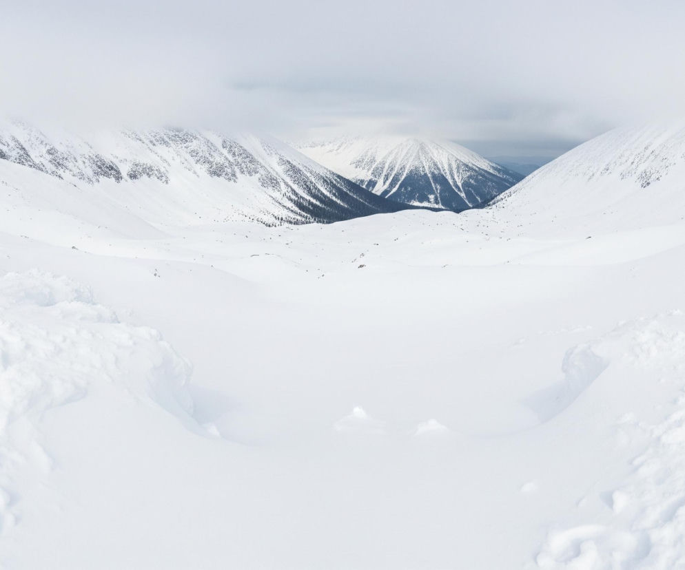 Rozległy, zaśnieżony krajobraz górski wypełnia cały kadr. Na pierwszym planie widoczne są pagórki i zagłębienia pokryte grubą warstwą białego puchu, z widocznymi śladami na śniegu. W tle rozciąga się dolina otoczona masywnymi, ośnieżonymi zboczami górskimi, częściowo zasłoniętymi przez mgłę lub niskie chmury, które tworzą biały pas na niebie. Na dalszych planach, pomiędzy górami, pojawiają się fragmenty ciemnozielonych drzew, kontrastujące z bielą śniegu, oraz szare, ponure niebo, wskazujące na pochmurną pogodę.