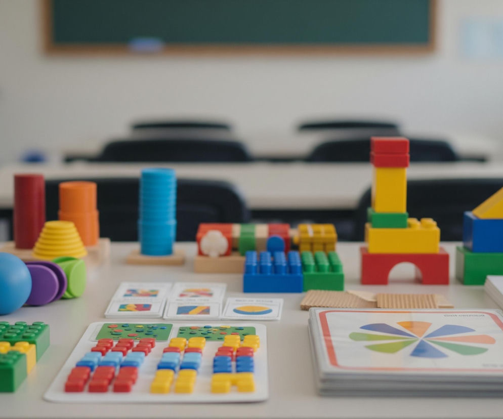 Na białym stole znajduje się różnorodny zestaw zabawek edukacyjnych i materiałów dydaktycznych. Wśród nich widać kolorowe klocki konstrukcyjne, ułożone w różne kształty i wieże, drewniany sześcian, niebieską kulę oraz zestawy kart z wzorami geometrycznymi i kolorowymi paskami. Tło stanowi rozmyta klasa z ciemną tablicą i rzędami stołów z czarnymi krzesłami.