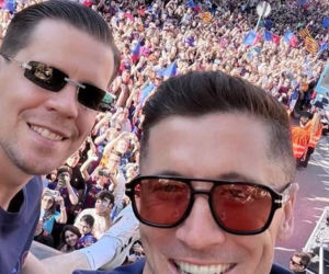 Robert Lewandowski i Wojciech Szczęsny na fecie Barcelony