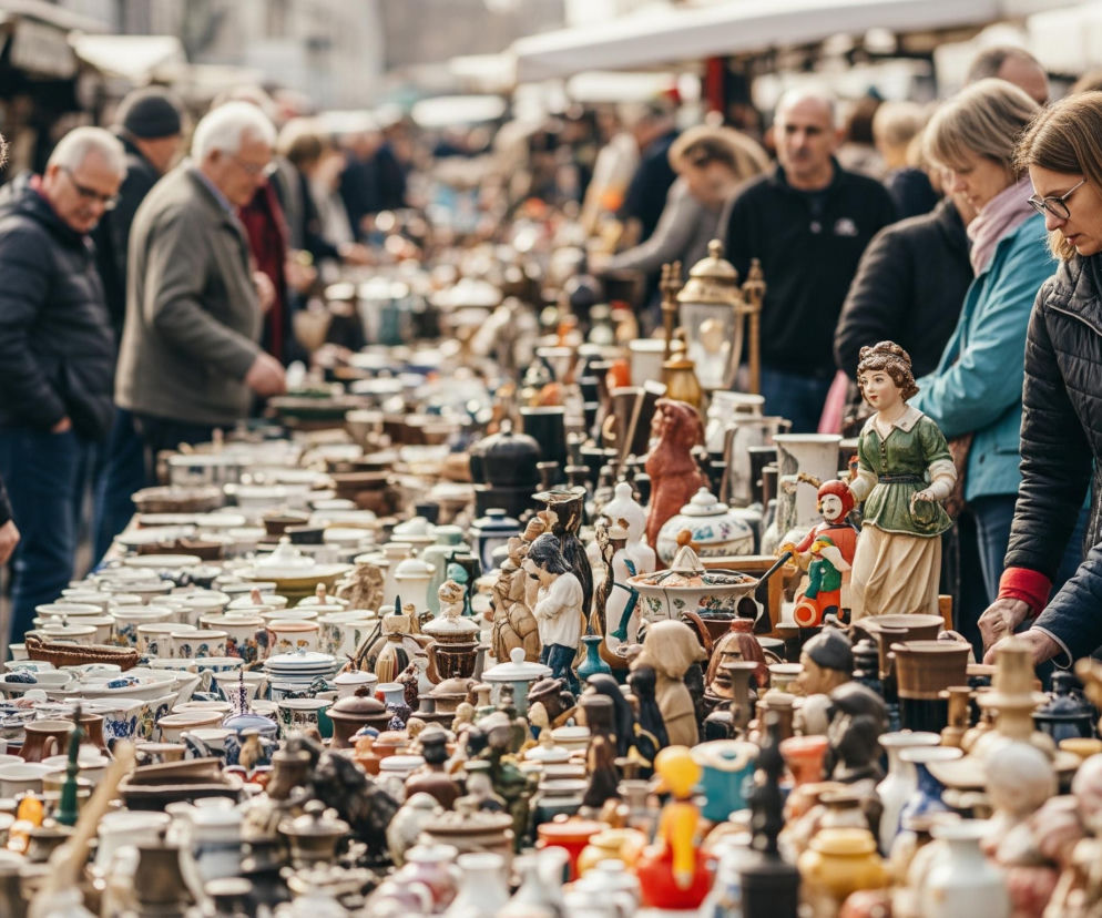 Długi stół wypełniony jest różnorodnymi przedmiotami, głównie ceramiką, wazami i figurkami, ustawionymi rzędami, tworząc główny plan obrazu. Po obu stronach stołu widać grupę ludzi, w różnym wieku, pochylonych i przeglądających towary, co sugeruje scenerię pchlego targu lub jarmarku. Dominują stonowane barwy, a światło jest rozproszone, podkreślając detale na przedmiotach i twarzach kupujących. W tle widoczne są kolejne stoiska pod namiotami i niewyraźne sylwetki innych osób.