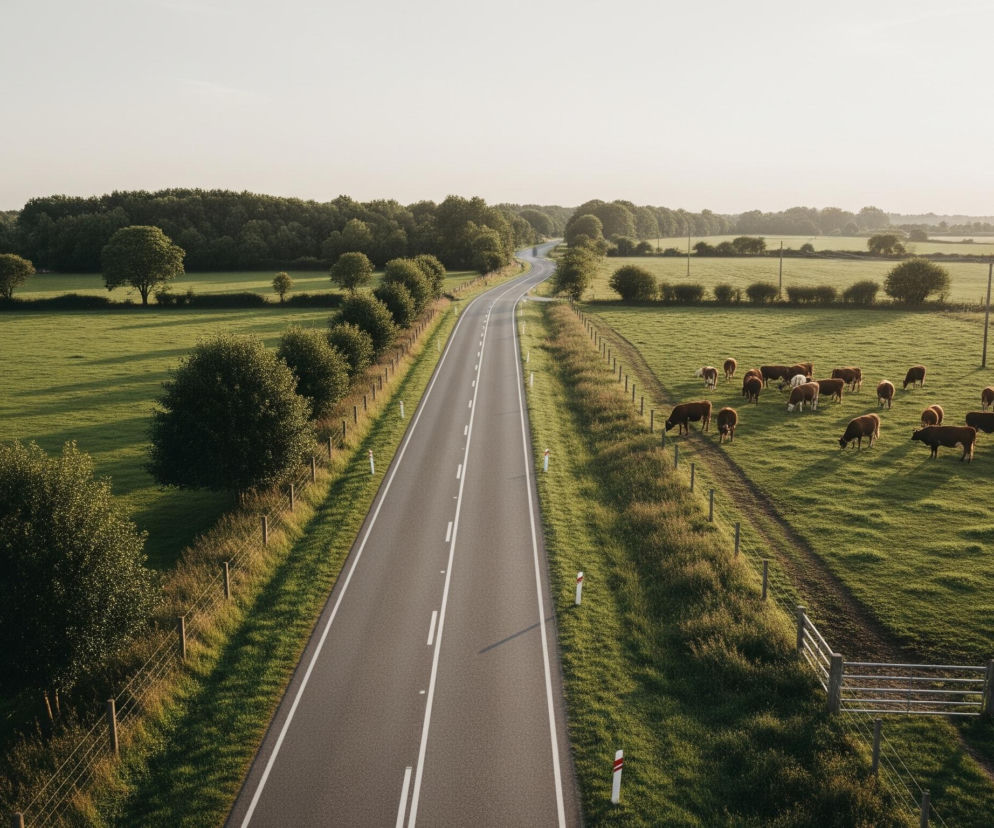 Długa, asfaltowa droga z białymi liniami środkowymi i bocznymi przecina zielone, trawiaste pola. Po prawej stronie drogi, za płotem z drewnianymi słupkami i drucianą siatką, pasie się stado brązowych krów, rozrzuconych po dużym pastwisku. Lewa strona drogi również graniczy z zielonymi polami, a w tle widać gęste lasy i rzędy drzew, które ciągną się wzdłuż horyzontu pod jasnym, nieco zamglonym niebem.