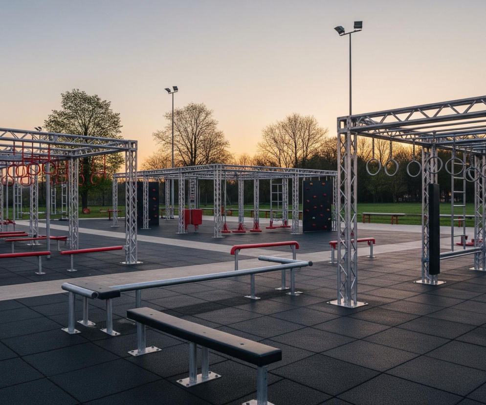 Duży, otwarty plac do ćwiczeń na świeżym powietrzu zajmuje centralną część obrazu. Na ciemnoszarej, gumowej nawierzchni z białymi pasami stoją trzy duże, modułowe konstrukcje ze srebrnych kratownic, wyposażone w drążki, kółka gimnastyczne oraz ścianki wspinaczkowe z kolorowymi chwytami. Pomiędzy nimi rozmieszczone są pojedyncze drążki i niskie ławki w kolorach czerwonym i szarym, a całość oświetlają czarne lampy na wysokich słupach. W tle widoczne są bezlistne drzewa i zielone trawniki, a niebo przybiera odcienie błękitu przechodzące w pomarańczowo-żółty horyzont.