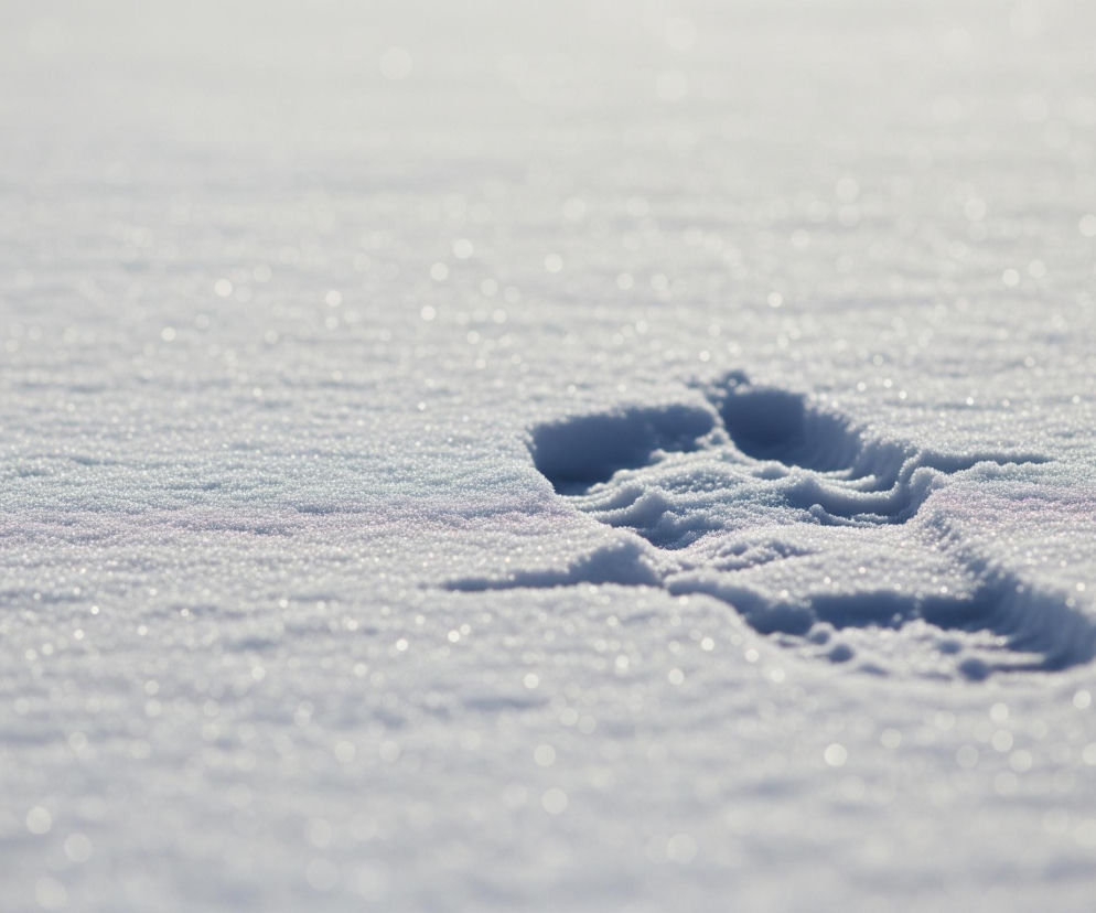 Na płaskiej, białej powierzchni śniegu, pokrytej drobnymi, lśniącymi kryształkami, widoczny jest pojedynczy, wyraźny odcisk stopy, skierowany w prawo. Głęboki ślad odznacza się ciemniejszym, niebieskawym cieniem wewnątrz i wokół krawędzi, kontrastując z jaśniejszym, rozświetlonym światłem słonecznym tłem. Całość utrzymana jest w chłodnych odcieniach bieli i jasnego błękitu, z subtelnym efektem bokeh na tle, tworzonym przez odbijające światło płatki śniegu.