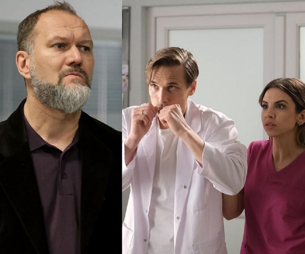 Split-screen: z lewej strony widoczny poważny mężczyzna z brodą, ubrany w ciemną marynarkę i koszulkę polo. Z prawej strony Olek (Maurycy Popiel) w białym kitlu, z zaciśniętymi pięściami, obok Aneta (Ilona Janyst) w różowym uniformie lekarskim, zaniepokojona. Zdjęcia zwiastują brutalny atak na lekarzy w M jak miłość, o czym więcej na Super Seriale.