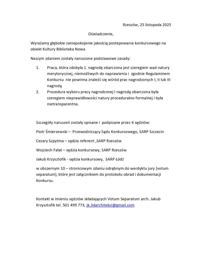 Oświadczenie dot. postępowania konkursowego