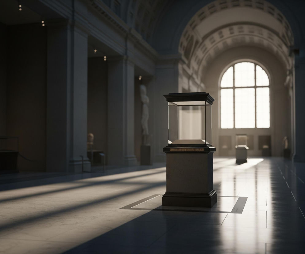 Pusta, przeszklona gablota ekspozycyjna, umieszczona na czarnym cokole, stoi na środku marmurowej podłogi. Długie pasma światła słonecznego padają z prawej strony, tworząc kontrastowe cienie na posadzce i ścianach obszernej, korytarzowej sali, otoczonej kolumnami i niszami. Na końcu sali widoczne jest duże, półokrągłe okno, przez które wpada jasne światło, rozjaśniając odległe fragmenty pomieszczenia i ujawniając zarysy kolejnych gablot oraz rzeźb.