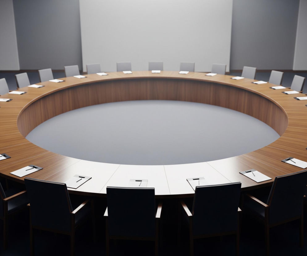 W centrum kadru znajduje się duży, okrągły stół konferencyjny w kolorze brązowego drewna, otoczony licznymi krzesłami z szarymi oparciami i czarnymi siedzeniami. Na każdym miejscu przy stole leży biała kartka papieru z czarnym klipsem lub długopisem, sugerując gotowość do spotkania. Pomieszczenie ma szare ściany, z jaśniejszą, prostokątną wnęką na tylnej ścianie, oświetloną z góry, oraz ciemniejsze drzwi po bokach.