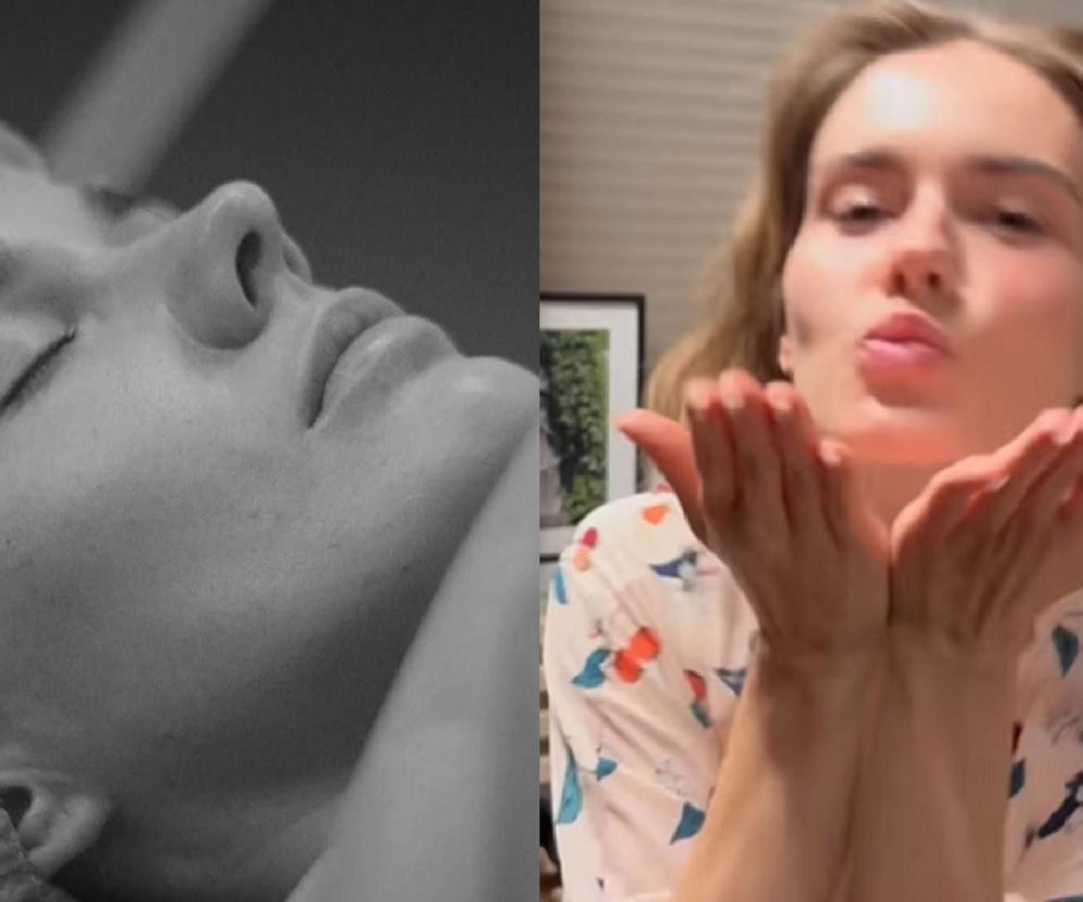 Po lewej zbliżenie na twarz kobiety z zamkniętymi oczami i czepku medycznym, w tle ciemny zarys. Po prawej uśmiechnięta kobieta w kolorowej koszuli, z dłońmi złożonymi w geście pocałunku. Artykuł na Super Seriale porusza temat odejścia Dominiki Kachlik z serialu.