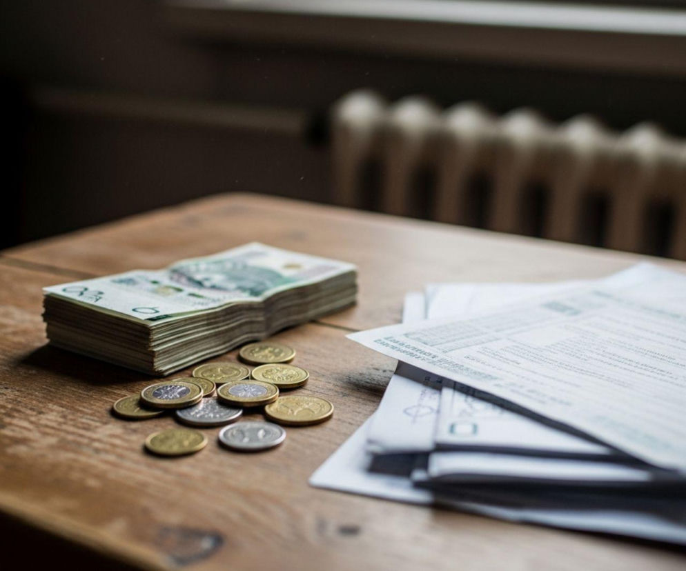 Stos banknotów i rozsypane monety obok dokumentów na drewnianym stole, symbolizujące zadłużenie i problemy finansowe w rolnictwie. Więcej o trudnej sytuacji rolników i sposobach wsparcia przeczytasz na Super Biznes.