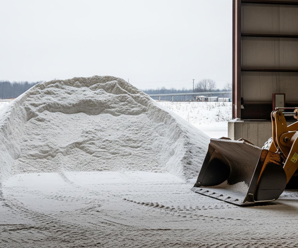 Centralną część obrazu zajmuje duża góra białej, sypkiej substancji, prawdopodobnie soli, pokryta cienką warstwą śniegu, która rozciąga się od lewej do prawej krawędzi, tworząc pofałdowaną teksturę. Na pierwszym planie, po prawej stronie, stoi część dużej żółtej maszyny budowlanej, prawdopodobnie ładowarki, z widoczną częścią kabiny, ramieniem hydraulicznym oraz dużą metalową łyżką, która jest częściowo opuszczona na podłoże pokryte śniegiem i widocznymi śladami opon. Tło, widoczne za białą górą, ukazuje bezlistne drzewa i odległe budynki pod jasnym, zachmurzonym niebem, co sugeruje zimowy krajobraz. Całość ujęta jest z wnętrza hali lub wiaty, z widocznymi stalowymi konstrukcjami i ścianami po prawej i lewej stronie, oraz betonowym filarem po lewej.