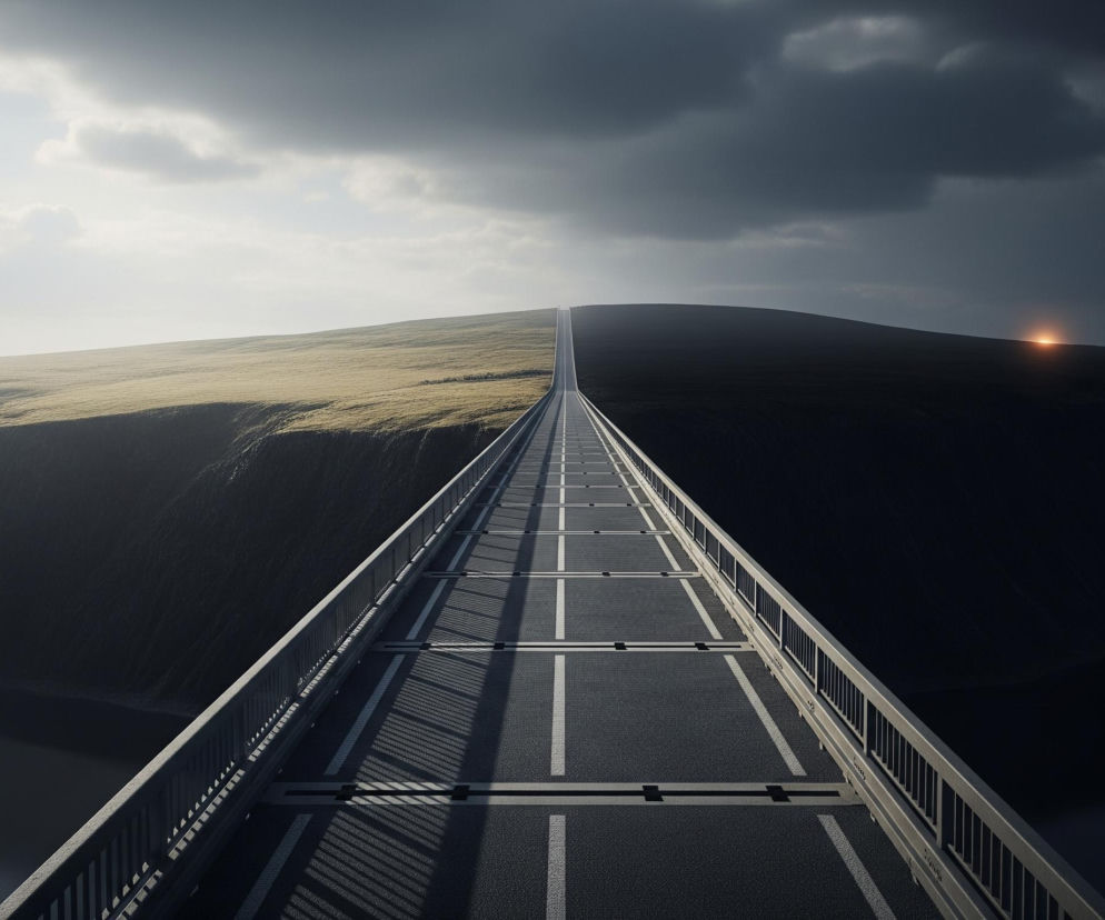 Długa, prosta droga biegnie przez środek kadru, dzieląc obraz na dwie kontrastujące części. Po lewej stronie dominuje jasna, zielona trawa i błękitne niebo z białymi chmurami, oświetlone przez słońce, które tworzy długie cienie na asfalcie drogi. Prawa strona ukazuje ciemny, niemal czarny krajobraz z czarnym, pochmurnym niebem, gdzie w oddali widać pomarańczową poświatę, przypominającą zachodzące słońce lub odległe światło. Droga, z białymi pasami i metalowymi barierkami po obu stronach, prowadzi prosto w głąb kadru, tworząc wyraźną perspektywę i wrażenie nieskończoności.