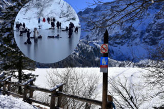 Biegają, kładą się na lodzie i robią sesję zdjęciowe. To nie jest zabawa, to głupota nad Morskim Okiem [WIDEO]