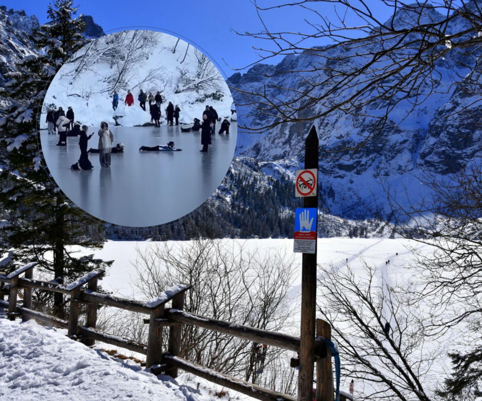 Turyści wchodzą na zamarzniętą taflę Morskiego Oka