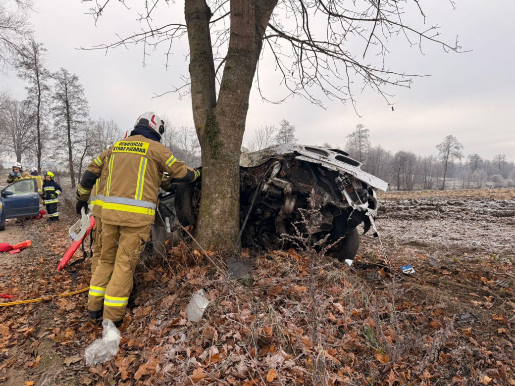 Wypadek pod Iławą. Mitsubishi roztrzaskało się na drzewie! Pięć osób rannych, w tym jedna walczy o życie