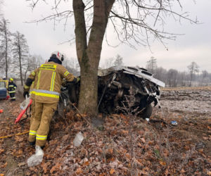 Wypadek pod Iławą. Mitsubishi roztrzaskało się na drzewie! Pięć osób rannych, w tym jedna walczy o życie