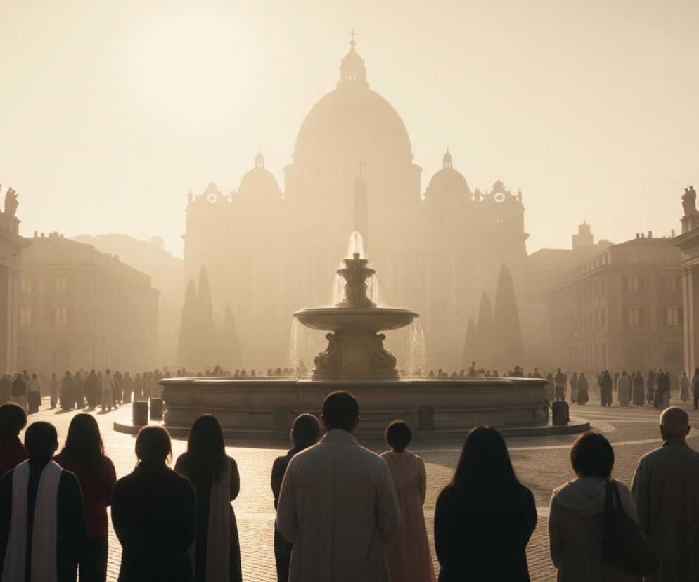 Duży tłum ludzi patrzy w kierunku potężnej kopuły kościoła, która dominuje w tle, otoczona przez dwa monumentalne budynki z kolumnadami i posągami na dachach. Na pierwszym planie, w centrum, znajduje się wielopoziomowa kamienna fontanna z tryskającą wodą, wokół której rozciąga się plac wybrukowany kamieniami. Cała scena jest skąpana w ciepłym, jasnym świetle, tworzącym miękką, złotą poświatę i rozmyte kontury w oddali.