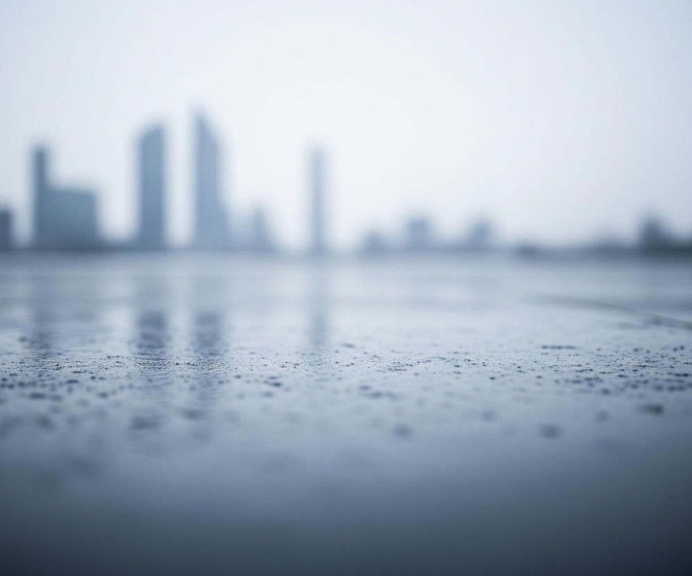 Na pierwszym planie widoczna jest mokra, ciemnoszara nawierzchnia pokryta licznymi drobnymi kroplami wody, z widocznymi fugami tworzącymi poziome linie. Tło zajmuje rozmyty, niewyraźny pejzaż miejski, składający się z sylwetek wielu wieżowców o zróżnicowanej wysokości, utrzymanych w odcieniach szarości i błękitu. Całość utrzymana jest w chłodnej tonacji kolorystycznej, z dominującym efektem rozmycia w oddali, co nadaje obrazowi minimalistyczny i nieco melancholijny charakter.