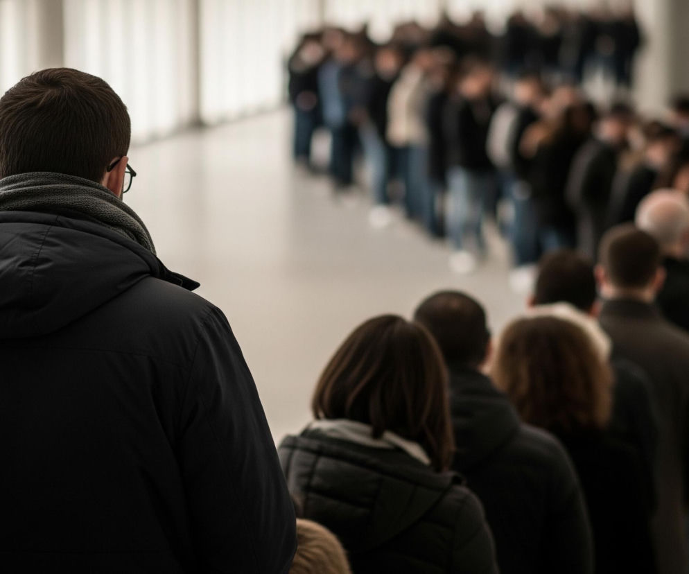 Na pierwszym planie widoczna jest tył głowy mężczyzny w ciemnej, zimowej kurtce z kapturem i szarym szaliku owiniętym wokół szyi. Mężczyzna ma ciemne włosy i stoi w kolejce, patrząc w głąb pomieszczenia. Za nim widać szereg niewyraźnych postaci, również stojących w kolejce, niektóre z nich mają na sobie ciemne kurtki lub płaszcze i jasne spodnie, co tworzy długi ciąg ludzi rozciągający się w głąb perspektywy. Tło stanowi jasne, minimalistyczne wnętrze z pionowymi elementami architektonicznymi po lewej stronie.