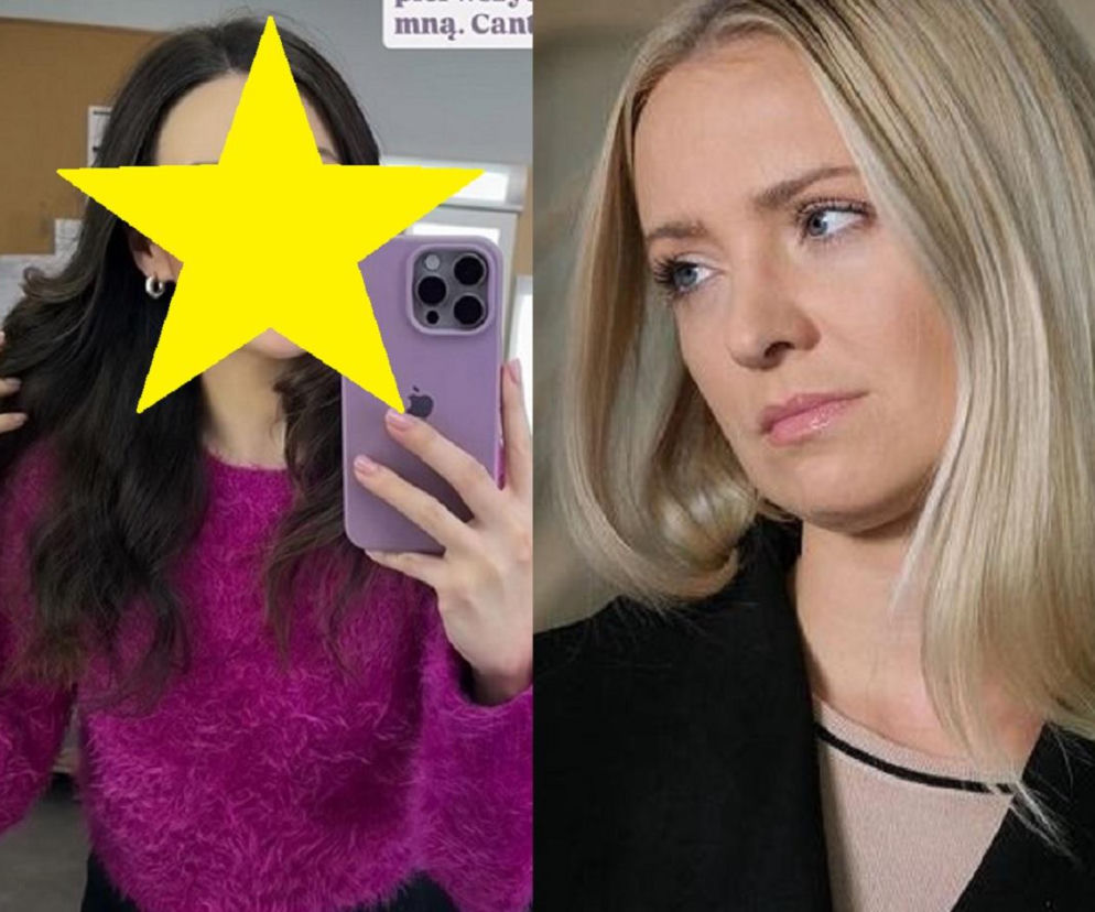 Portretowa kolaż przedstawiający Dominikę Sakowicz (z lewej, zasłoniętą gwiazdką) robiącą selfie w fuksjowym swetrze oraz Barbarę Kurdej-Szatan (z prawej) z poważną miną. Zdjęcie ilustruje zmiany w obsadzie M jak miłość, o których czytać można na Super Seriale.