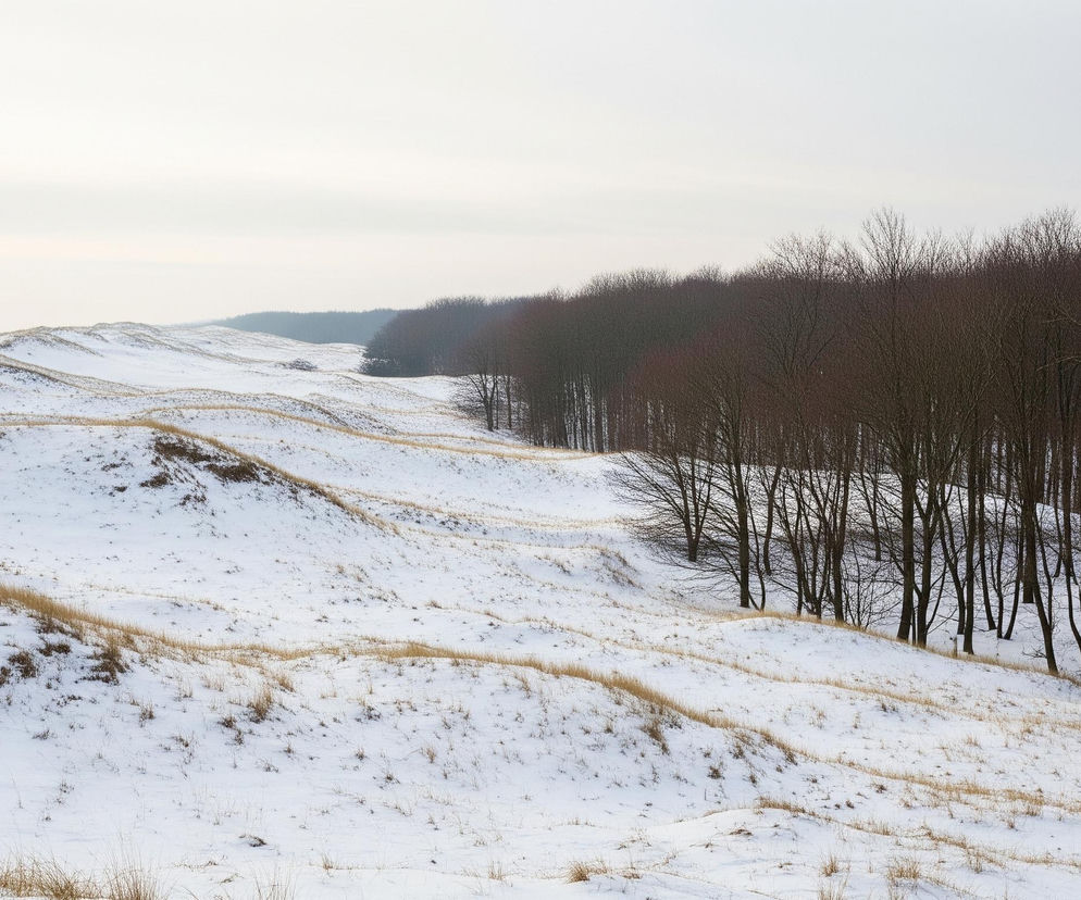 Pofalowane, zaśnieżone pagórki, częściowo pokryte suchą, żółtą trawą, rozciągają się w lewą stronę kadru. Po prawej stronie biegnie równolegle do nich gęsty las bezlistnych drzew o ciemnych, brązowych pniach i gałęziach. Horyzont jest niewidoczny, a niebo jest jasne i jednolicie szare.