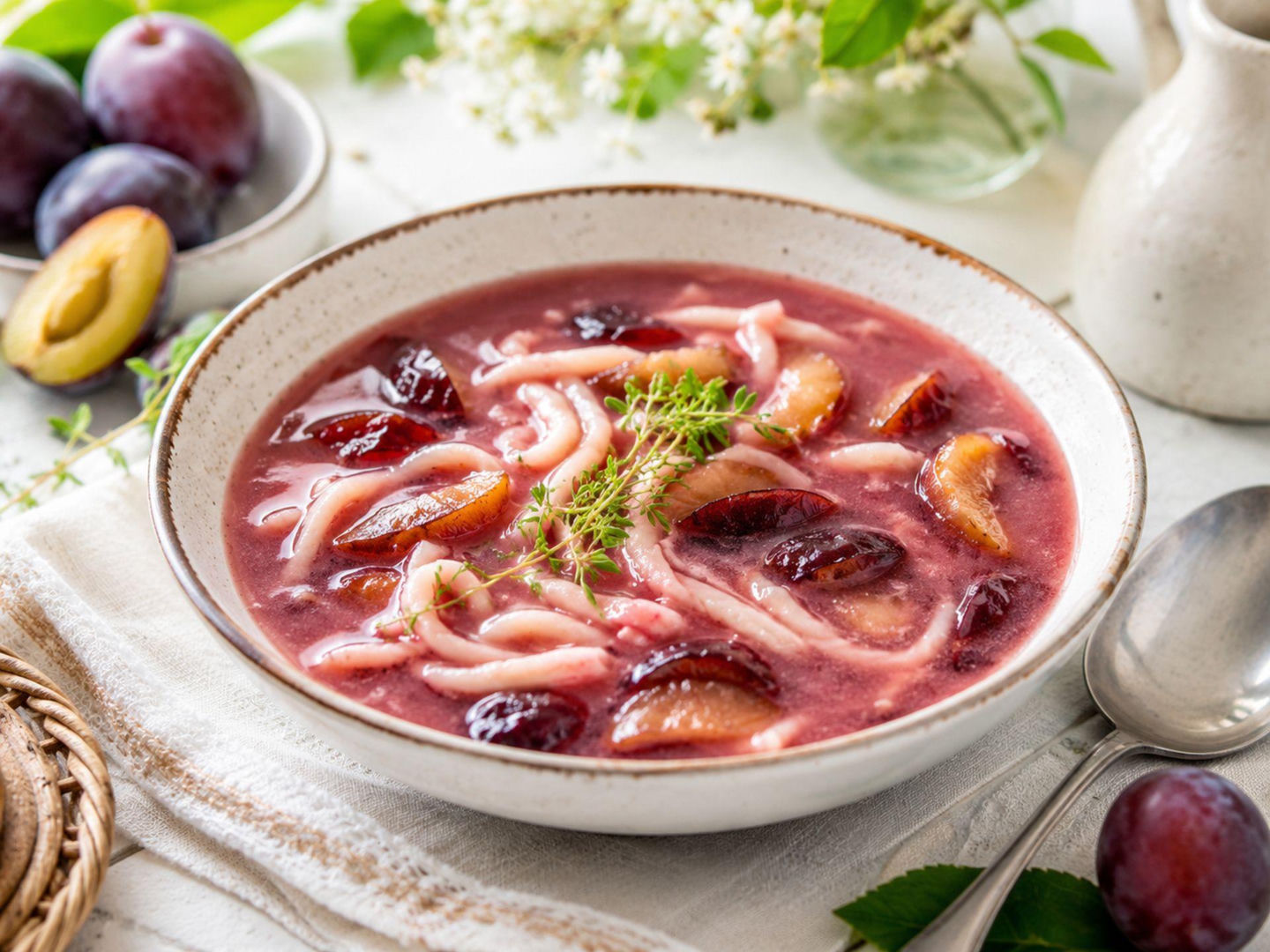 Zupa śliwkowa z makaronem. Panie z KGW podają ją na letni obiad, nie na deser