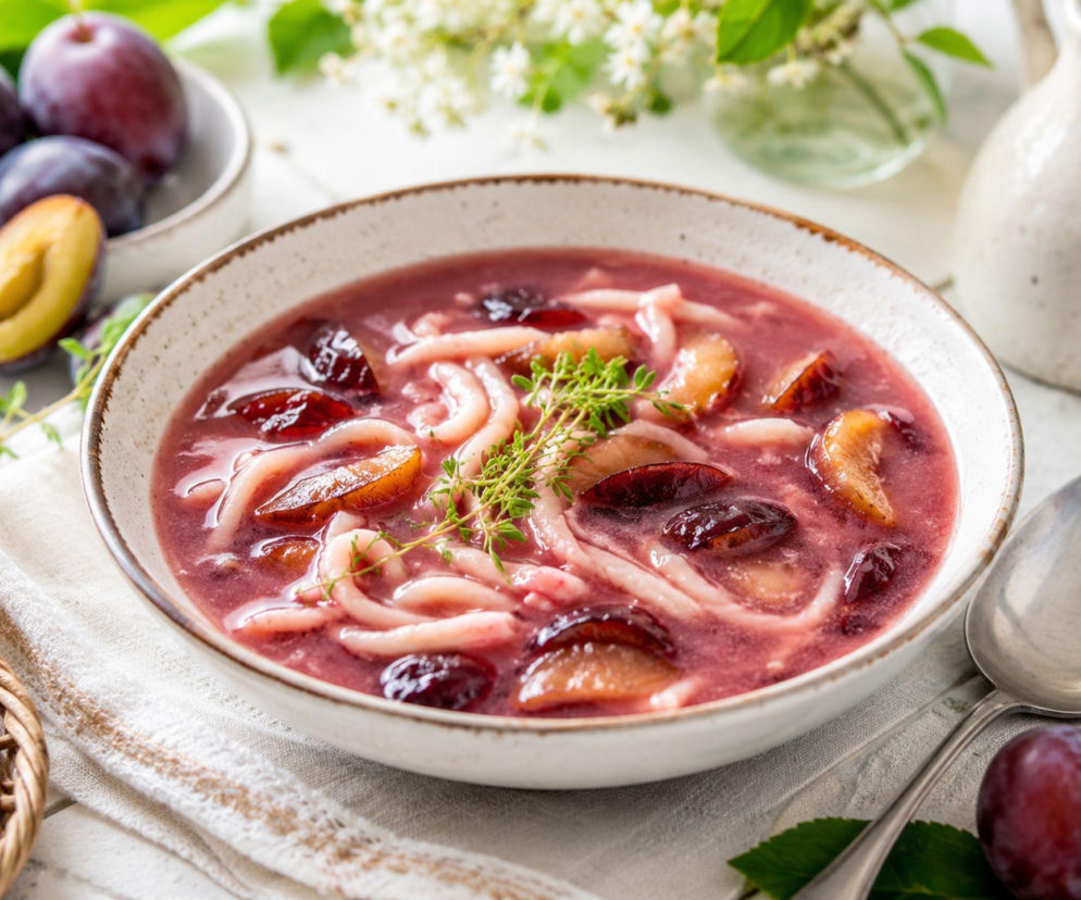 Zupa śliwkowa z makaronem. Panie z KGW podają ją na letni obiad, nie na deser