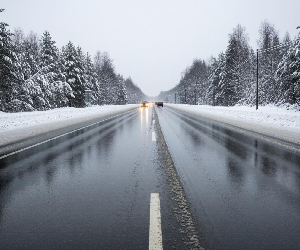 Czarna, wilgotna droga z odblaskami rozciąga się w głąb obrazu, podzielona centralną białą, przerywaną linią. Po obu stronach drogi zalega gruba warstwa białego śniegu, a za nim wznosi się gęsty, ośnieżony las iglasty i liściasty pod szarym, zachmurzonym niebem. Na drodze w oddali widać kilka samochodów, w tym jeden z jasno świecącymi żółtymi światłami mijania. Po prawej stronie wzdłuż drogi widać słupy energetyczne z przewodami, również pokrytymi cienką warstwą śniegu.