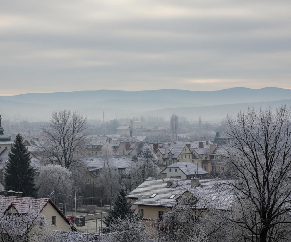 Zimowy krajobraz ukazuje zabudowania miejskie pokryte cienką warstwą szronu i śniegu, rozmieszczone wśród nagich drzew. W tle dominują zamglone, błękitno-szare pasma górskie, a nad nimi rozciąga się zachmurzone niebo z jaśniejszymi smugami światła. W lewej części kadru wznosi się ciemny, spiczasty dach z kopułą, przypominający wieżę kościoła. Dachy większości budynków są czerwone lub szare, pokryte śniegiem, a gałęzie drzew na pierwszym planie mienią się bielą od szronu.